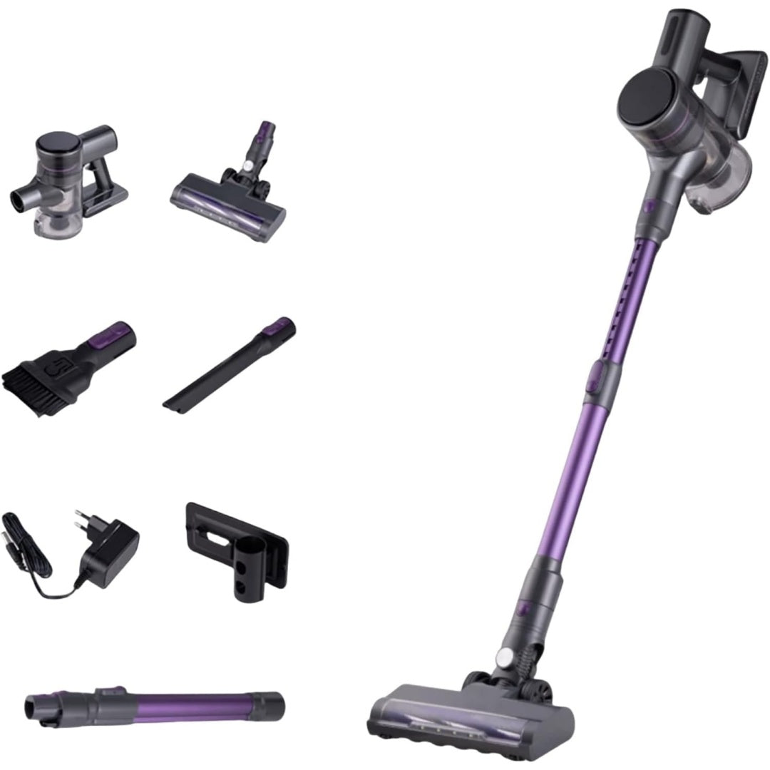 Aspirateur au format balai integrant un tube telescopique et le nettoyage des bords