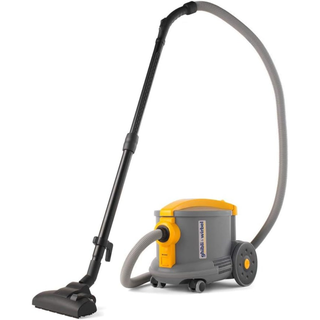 Aspirateur pour liquides et poussieres avec des dimensions annoncees de 350 x 450 x 375 mm, coloris gris